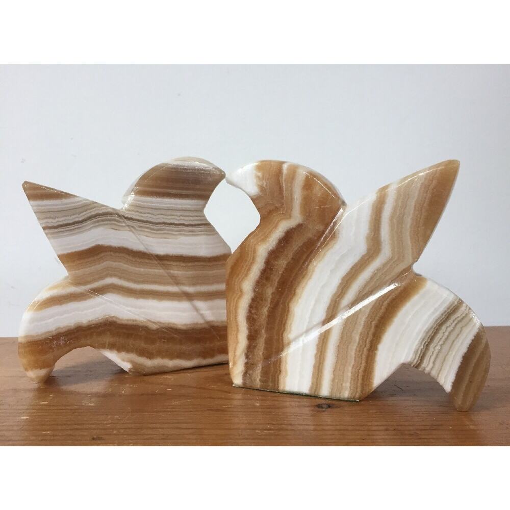 Pair Vintage Art Deco 30s Marbled Beige Carmel Onyx Agate Fleur De Lis Bookends